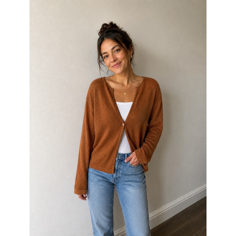 Liz & Me Womens 3X Rust Brown Metallic Shimmer Single Button Cardigan Sweater